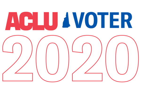 Logo that reads "ACLU Voter 2020" with an outline of New Hampshire