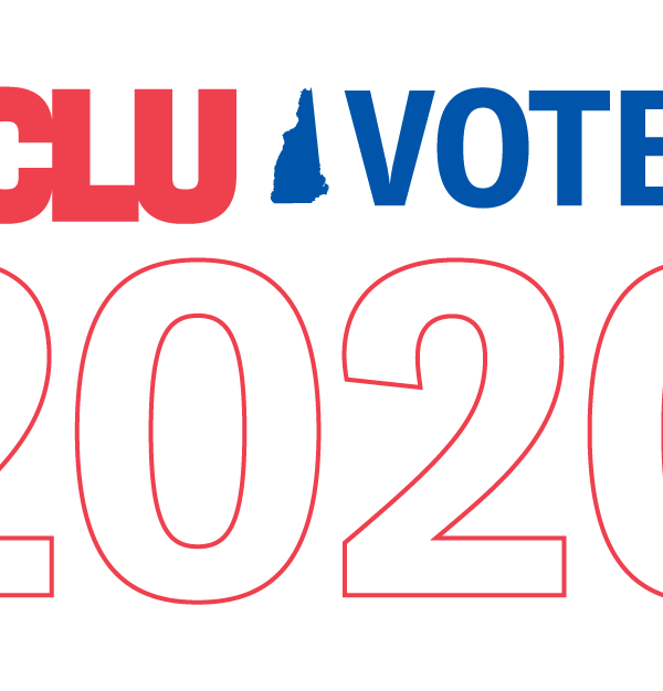 Logo that reads "ACLU Voter 2020" with an outline of New Hampshire