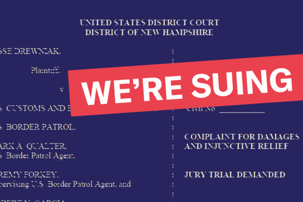 Background of text from the court document, with red box that says "we're suing"