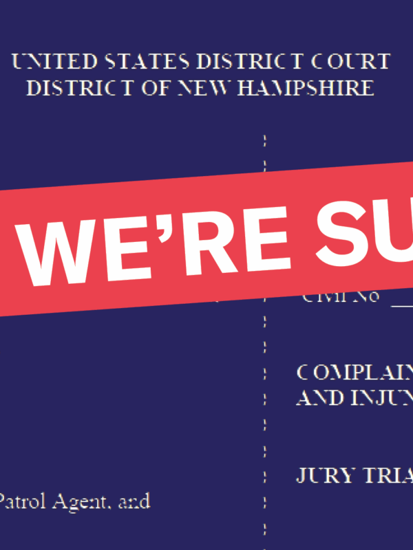 Background of text from the court document, with red box that says "we're suing"