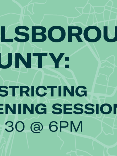 Graphic with district lines that says advertises an event for hillsborough county residents to attend a listening session on redistricting on September 30 at 6PM.