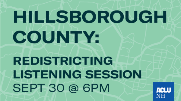 Graphic with district lines that says advertises an event for hillsborough county residents to attend a listening session on redistricting on September 30 at 6PM.