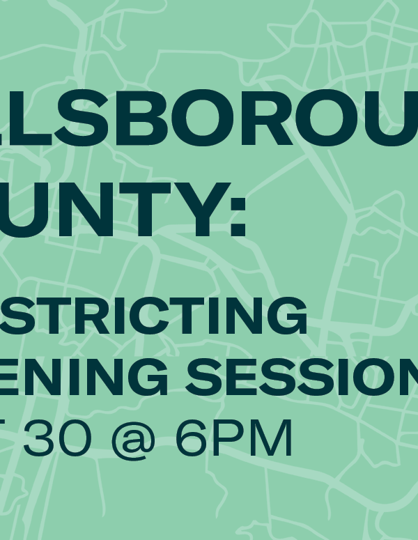 Graphic with district lines that says advertises an event for hillsborough county residents to attend a listening session on redistricting on September 30 at 6PM.