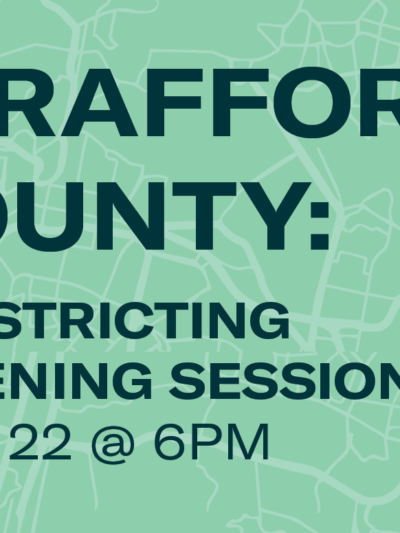 Graphic with district lines that says advertises an event for strafford county residents to attend a listening session on redistricting on September 22 and 6PM.