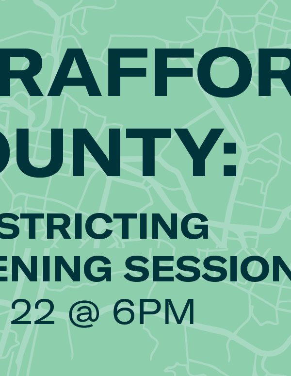 Graphic with district lines that says advertises an event for strafford county residents to attend a listening session on redistricting on September 22 and 6PM.