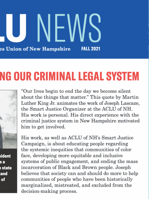 Screenshot of top portion of ACLU News newsletter, with statue of liberty icon and headline "re-envisioning our criminal legal system"