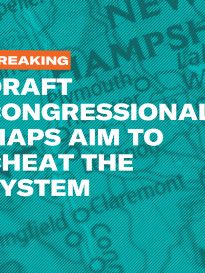 Image of maps with stripes over it, box that says "breaking" and text that says draft congressional maps aim to cheat the system.