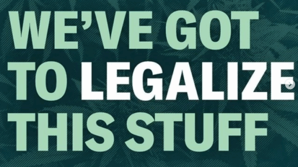 Marijuana leaves faded in the background, bold text reading: we've got to legalize this stuff