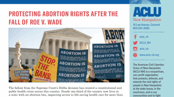 Screenshot of top portion of ACLU News newsletter, with statue of liberty icon and headline "Protecting abortion rights after the fall of roe v. wade" and photo of protest signs in front of the U.S. Cap reading, "stop the bans' and "abortion is essential"