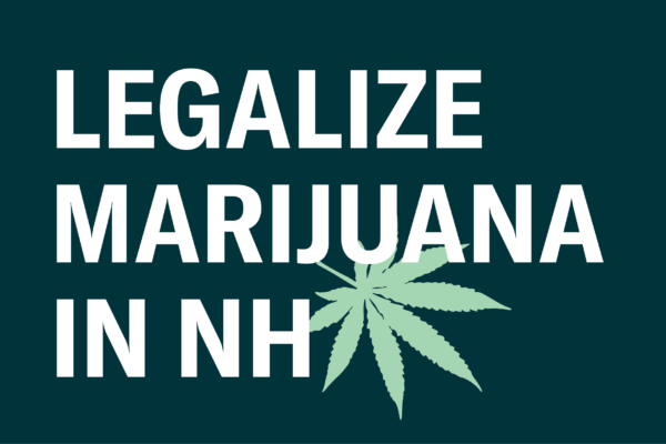 Marijuana leaf with bold text reads: legalize marijuana in NH.