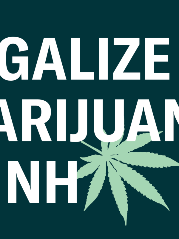 Marijuana leaf with bold text reads: legalize marijuana in NH.