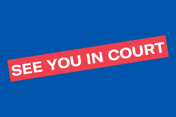 A blue background with a tilted red box that says "see you in court" in white letters.