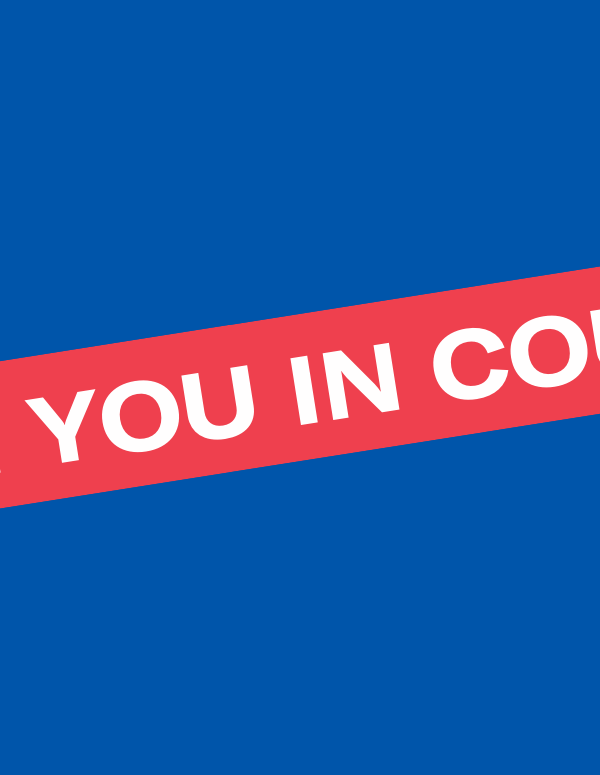 A blue background with a tilted red box that says "see you in court" in white letters.