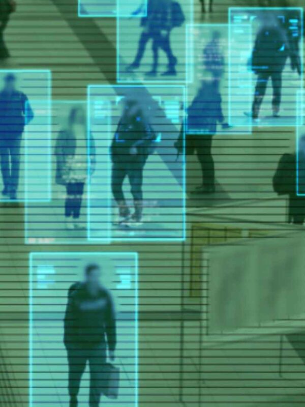 Scanning the crowd of people walking at the railway station. Surveillance interface using artificial intelligence and facial recognition.