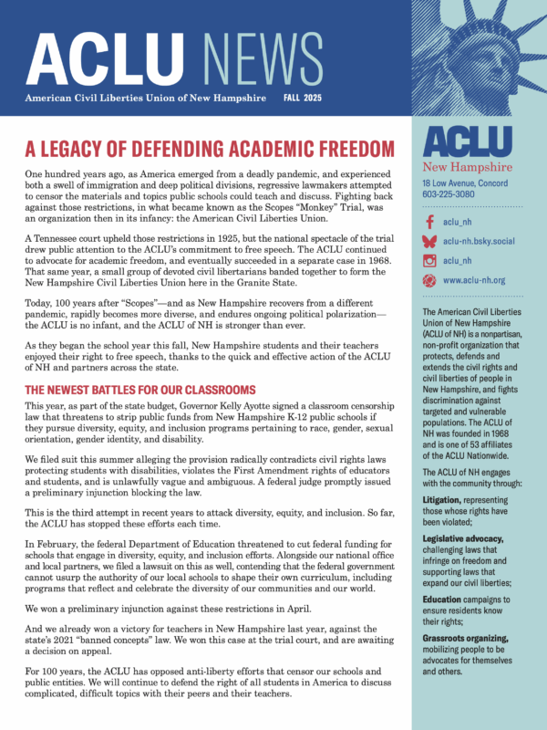 An image of the ACLU of New Hampshire 2025 Fall Newsletter.