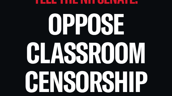 There is a black background with red text that reads, "TELL THE NH SENATE:” above large white text that reads “OPPO”SE CLASSROOM CENSORSHIP” below is a white ACLU New Hampshire logo.