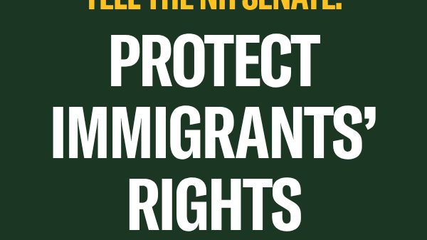 There is a green background with yellow text that reads, “TELL THE NH SENATE” above large white text that reads “PROTECT IMMIGRANTS’ RIGHTS” below is a yellow ACLU New Hampshire logo.