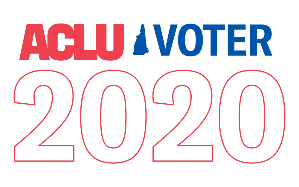 Logo that reads "ACLU Voter 2020" with an outline of New Hampshire