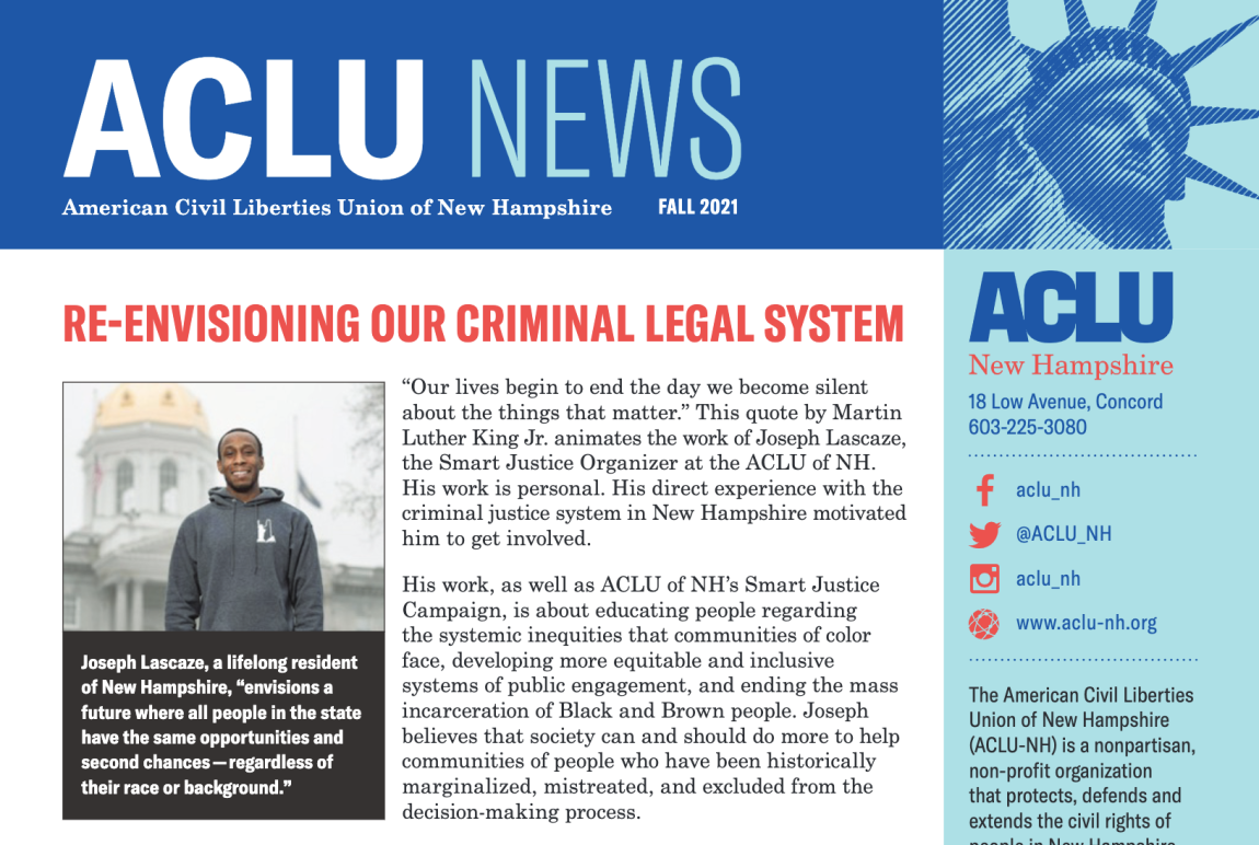 Screenshot of top portion of ACLU News newsletter, with statue of liberty icon and headline "re-envisioning our criminal legal system"