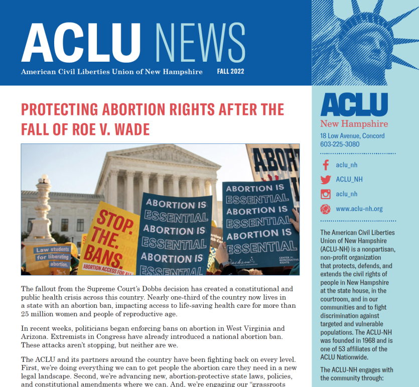 Screenshot of top portion of ACLU News newsletter, with statue of liberty icon and headline "Protecting abortion rights after the fall of roe v. wade" and photo of protest signs in front of the U.S. Cap reading, "stop the bans' and "abortion is essential"