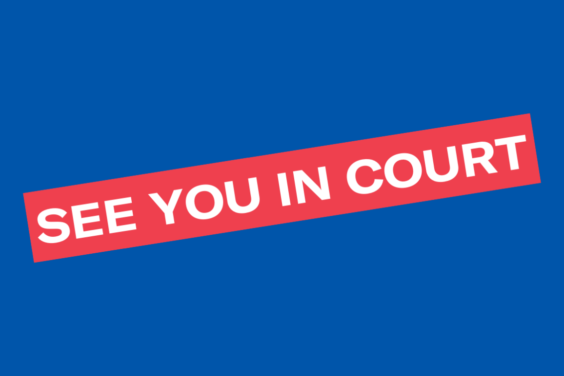 A blue background with a tilted red box that says "see you in court" in white letters.