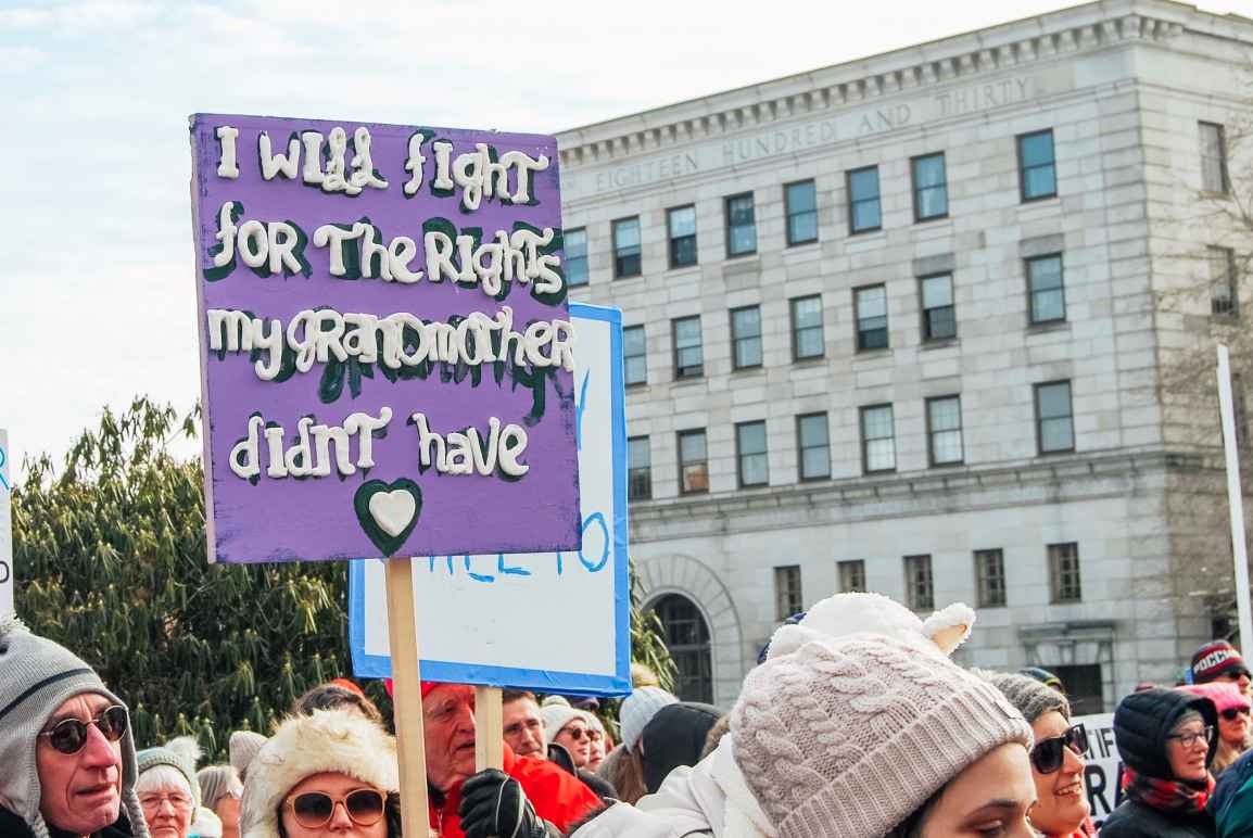Handmade sign at a protest that reads "I will fight for the rights my grandmother didn't have"