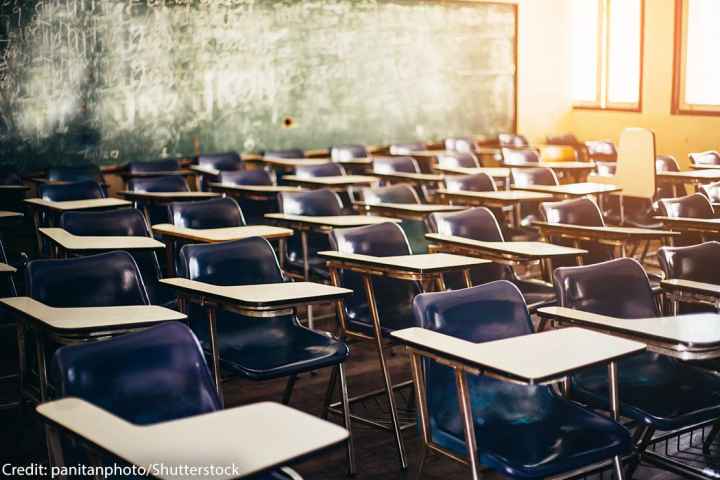 selective soft and blur focus.old wooden row lecture chairs in classroom in poor school.study room without student.