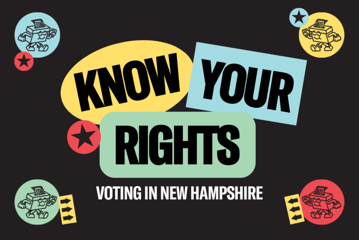 On a black background stickers that say "Know Your Rights" appear on a black background surrounded by stickers that depict a cheerful ballot box icon.