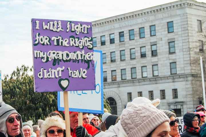 Handmade sign at a protest that reads "I will fight for the rights my grandmother didn't have"