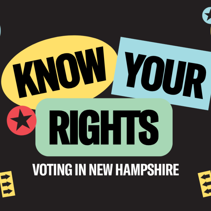 On a black background stickers that say "Know Your Rights" appear on a black background surrounded by stickers that depict a cheerful ballot box icon.