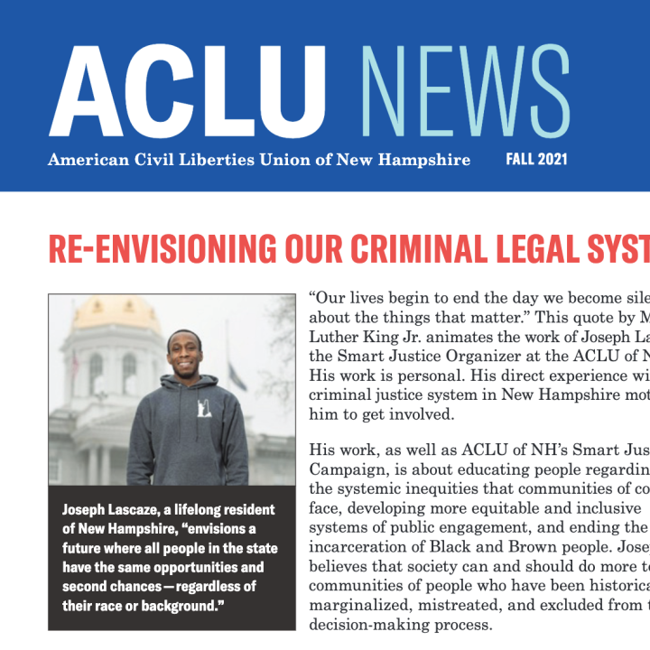 Screenshot of top portion of ACLU News newsletter, with statue of liberty icon and headline "re-envisioning our criminal legal system"